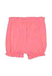 Růžové, lehké bavlněné šortky s elastickým pasem, řasenými lemy a volným střihem. Jednoduchý design, bez dalších vzorů nebo akcentů.