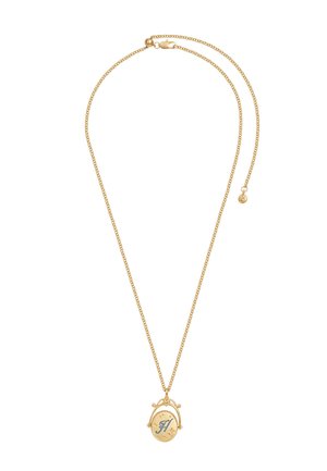 Ogrlica z zlato verižico in ovalnim obeskom z modro pisano črko "H" in dekorativnimi majhnimi zvezdicami.