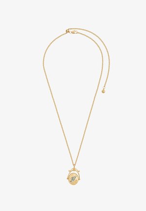 Ogrlica z zlato verižico in ovalnim obeskom z modro pisano črko "H" in dekorativnimi majhnimi zvezdicami.