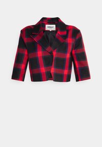 Avkortad kavaj i röd och svart rutigt. Har en notch-lapel och trekvartslånga ärmar. Tillverkad av textil med en skarpt strukturerad yta.