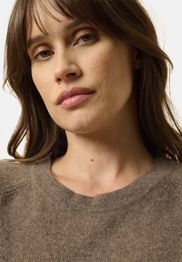 Maglione marrone a maglia con scollo rotondo. Presenta un tessuto morbido e texturizzato e dettagli a coste sul colletto. Tonalità di pelle naturali nell'immagine.