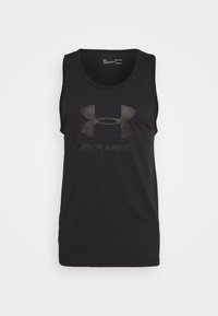 Czarna bezrękawnikowa koszulka sportowa z logo i nazwą marki Under Armour nadrukowanymi na szaro z przodu.