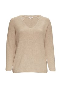 Beige trui met V-hals, lange mouwen en ribbeltextuur. Voorzien van zijsplitten voor een ontspannen pasvorm. Zachte gebreide stof.
