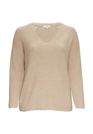 Beige trui met V-hals, lange mouwen en ribbeltextuur. Voorzien van zijsplitten voor een ontspannen pasvorm. Zachte gebreide stof.