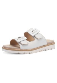 Hvid læder slide-sandal med to justerbare spænderemme og en polstret sål, designet til afslappet brug.