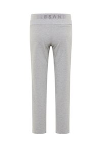 Graue Baumwoll-Leggings mit figurbetontem Design und einem breiten elastischen Bund, auf dem der Markenname in einem helleren Grau gedruckt ist.