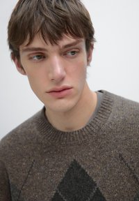Maglione marrone in lana con un knit texture, caratterizzato da un motivo a rombi scuri. Collo rotondo a coste e sottili particelle nel materiale.
