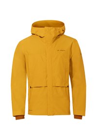 Gelbe wasserdichte Jacke mit Kapuze, zwei Vorderreißverschlusstaschen und verstellbaren Bündchen. Sie hat eine glatte Textur und dezente Markenkennzeichnung auf der Brust.
