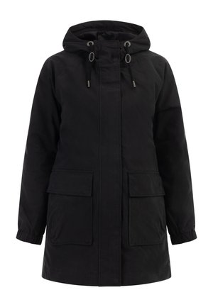 Parka noire avec capuche, cordons de serrage, deux poches avant, poignets élastiques et texture lisse et mate.