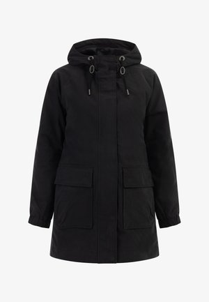 Zwarte parka-jack met een capuchon, trekkoorden, twee voorzakken, elastische manchetten en een gladde, matte textuur.