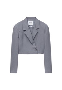 Blazer grigio accorciato realizzato in tessuto leggero, con colletto a revers, maniche lunghe e chiusura con un solo bottone sul davanti.