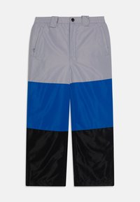 Kleurblokbroeken met lichtgrijze, blauwe en zwarte panelen. Gemaakt van gladde, lichte stof, met een elastische tailleband en zijzakken.