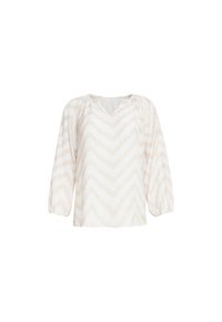 Lightweight, woven blouse in cream with muted zigzag pattern. Features a V-neck and long, gathered sleeves. Smooth texture.