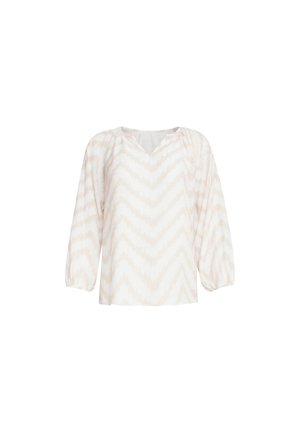 Lightweight, woven blouse in cream with muted zigzag pattern. Features a V-neck and long, gathered sleeves. Smooth texture.