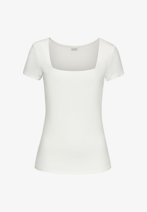 Valge pingutatud lühikeste varrukatega topp ruudukujulise kaelusega. Valmistatud siledast kangast, sellel on puhas disain ilma mustrite või aktsentideta.