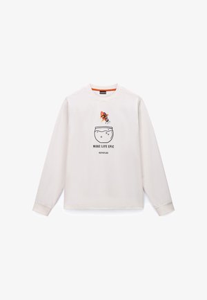 Biała bawełniana koszula z długim rękawem z grafiką akwarium i rakiety oraz napisem „MAKE LIFE EPIC” poniżej. Prosty design i miękka faktura.