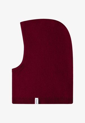 Bordeauxrote Strick-Balaclava mit glatter Textur, rundem Oberteil und gerippten Kanten. Verfügt über ein kleines gewebtes Etikett am unteren Rand.