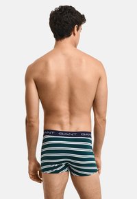 Męskie bokserki w zielonym kolorze w białe paski, z granatową gumką z powtarzającą się nazwą marki. Gładki materiał i dopasowany krój.