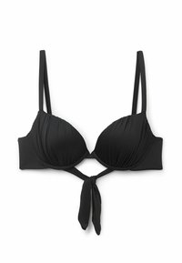 Černý bikini top s kosticemi, nařasenou látkou, nastavitelnými ramínky a detailem uzlu uprostřed přední části. Vyrobeno z elastického materiálu pro pohodlí.