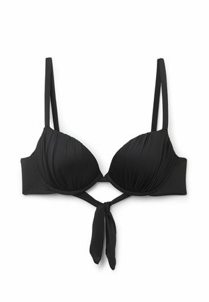 Top de bikini negro con aros, tejido recogido, tirantes ajustables y detalle de nudo en el centro delantera. Fabricado con material elástico para mayor comodidad.