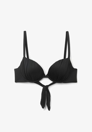 Czarny stanik bikini z fiszbinami, marszczonym materiałem, regulowanymi ramiączkami i detalem w postaci węzła na środku. Wykonany z elastycznego materiału dla większego komfortu.