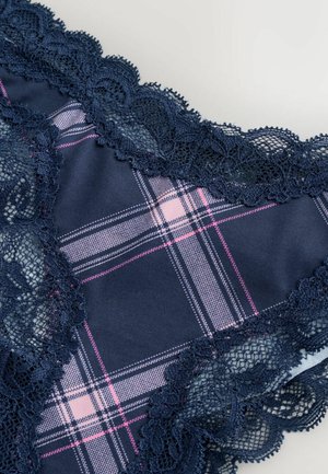 Navy plaid fabric with pink lines bordered by intricate navy lace trim, featuring a soft texture and a delicate pattern design.