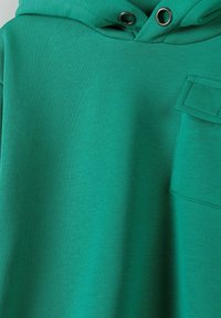 Felpa verde realizzata in tessuto morbido, con tasca a marsupio, occhielli in metallo e cappuccio strutturato. Presenta una superficie liscia e uniforme.