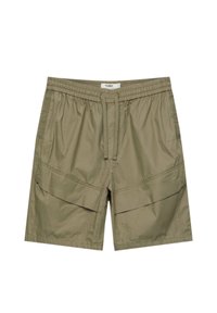 Khaki shorts van lichtgewicht stof, met een elastische tailleband en twee grote voorzakken met klepsluitingen.