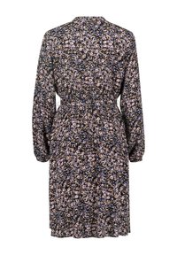 Robe à manches longues avec taille cintrée, présentant un motif floral dense dans des tons de noir, bleu, violet et beige, vue de dos.