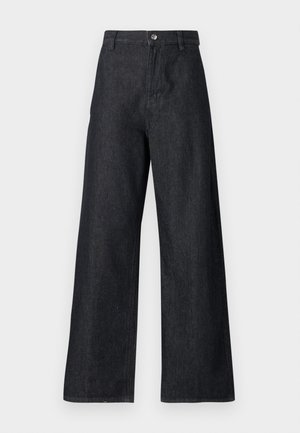 Pantaloni in denim a gamba larga di colore blu scuro. Presentano una vita alta, chiusura con zip e bottone, e una superficie liscia con dettagli di cucitura minimi.