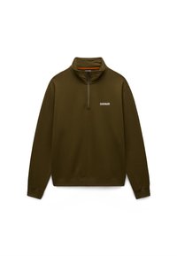 Oliwkowo zielony pulower z wysokim kołnierzem i półzamkiem. Posiada długie rękawy, ściągacz na mankietach oraz małe logo z marką na piersi.