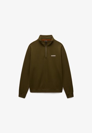 Olivno zelen pulover z visokim ovratnikom in polovičnim zadrgo. Ima dolge rokave, rebrasti manšetni del in majhen logotip blagovne znamke na prsih.