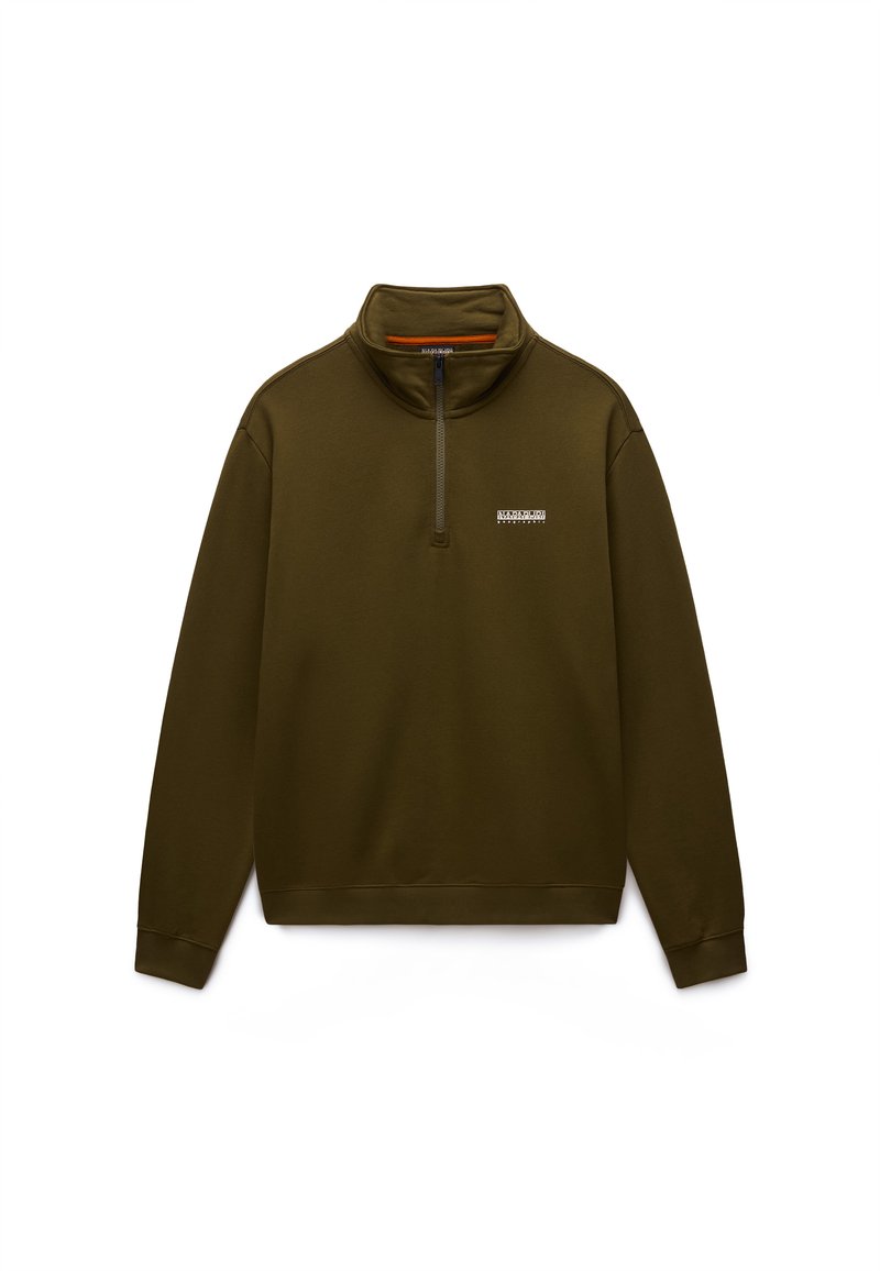 Oliwkowo zielony pulower z wysokim kołnierzem i półzamkiem. Posiada długie rękawy, ściągacz na mankietach oraz małe logo z marką na piersi.