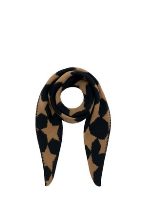 Brown and black wool scarf with an abstract star and spot pattern, shown looped with ends hanging down.