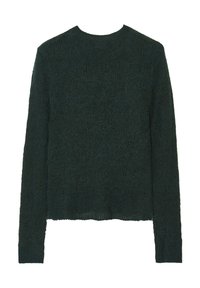 Dunkelgrüner gestrickter Pullover mit Rundhalsausschnitt, langen Ärmeln und strukturiertem Finish. Der Saum ist cropped und leicht locker geschnitten.
