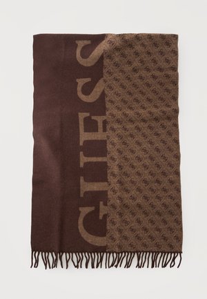 Écharpe marron avec bords frangés, divisée en sections unies et à motifs, présentant de grandes lettres partielles et un motif de logo répétitif.