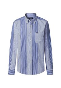 Camisa de botón a rayas azul y blanca, con cuello, mangas largas y un bolsillo en el pecho. Confeccionada en una tela ligera con una textura suave.
