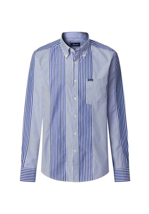 Blue and white striped button-up shirt, featuring a collar, long sleeves, and a chest pocket. Made of lightweight fabric with a smooth texture.