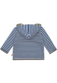 Felpa con cappuccio a righe, blu e bianche, con polsini grigi e fodera interna del cappuccio a fantasia. Realizzata in tessuto morbido.