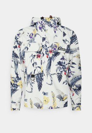 Weiße Columbia-Jacke mit mehrfarbigem Blumen- und Farnmuster, zwei vorderen Klappentaschen, verstellbarer Kapuze und Handgelenksriemen.