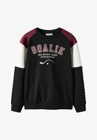 Sudadera negra con mangas raglán en color burdeos y blanco. Presenta el texto impreso "PORTERO NUNCA PIERDES" y un gráfico de hockey sobre hielo. Material suave.