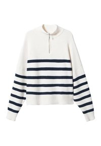 Weißer Strickpullover mit marineblauen horizontalen Streifen. Verfügt über einen hohen Kragen und einen halben Reißverschluss vorne. Weiche Textur, lockere Passform und gerippte Bündchen.