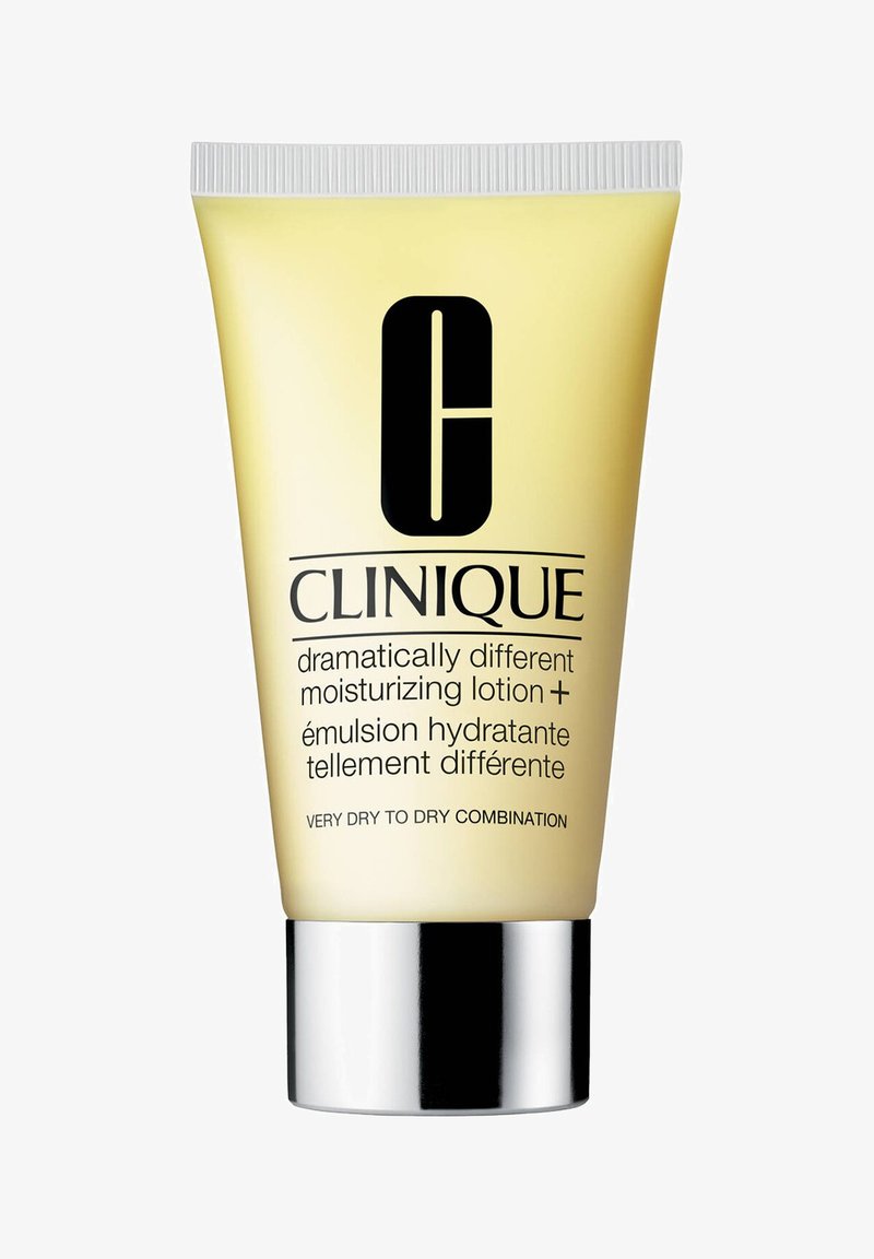 Lotion hydratante Clinique dans un tube jaune, avec du texte noir et une base argentée, conçue pour les peaux très sèches à mixte sèches.