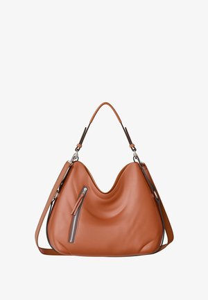 Tan leather handbag with a wavy design, a top handle, and a detachable shoulder strap. Features a zip pocket on the front.