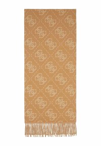 Sciarpa color fango con motivo a logo ripetuto con forme a diamante, rifinita con bordi sfrangiati per una maggiore texture.