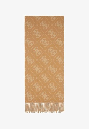 Sciarpa color fango con motivo a logo ripetuto con forme a diamante, rifinita con bordi sfrangiati per una maggiore texture.