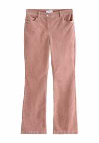 Różowe spódnice w dzwony z korduroy, z klasycznym pięciopocketowym wzorem i zapięciem na guzik z przednim zamkiem. Teksturowany materiał i dopasowany fason.