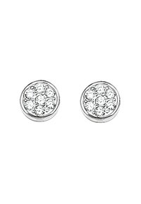 Runde silberne Ohrringe mit einem Cluster klarer Strasssteine, die in einem kreisförmigen Muster angeordnet sind und eine funkelnde, strukturierte Oberfläche schaffen.
