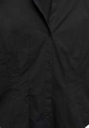 Zwarte aansluitende shirt voorkant met knoopsluiting en subtiele verticale naad details op een effen stof achtergrond.