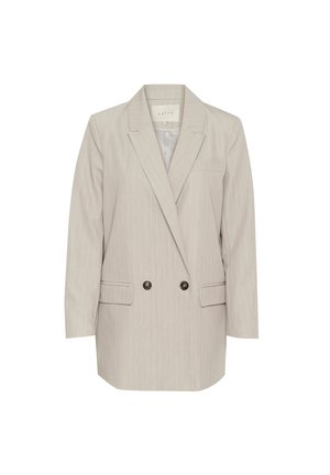 Blazer double boutonnage gris clair avec des rayures verticales, revers à cranta, deux poches avant et boutons noirs. Ajustement sur mesure avec une forme structurée.